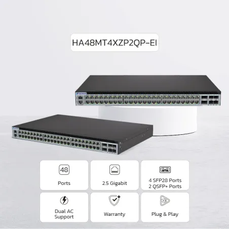 NEW ! NexArena Plus 2.5G Multi-rate Series — 48 ports 2.5G RJ45 & 4 ports 25G SFP28 & 2 ports 40G QSFP+ HA48MT4XZP2QP-EI Series